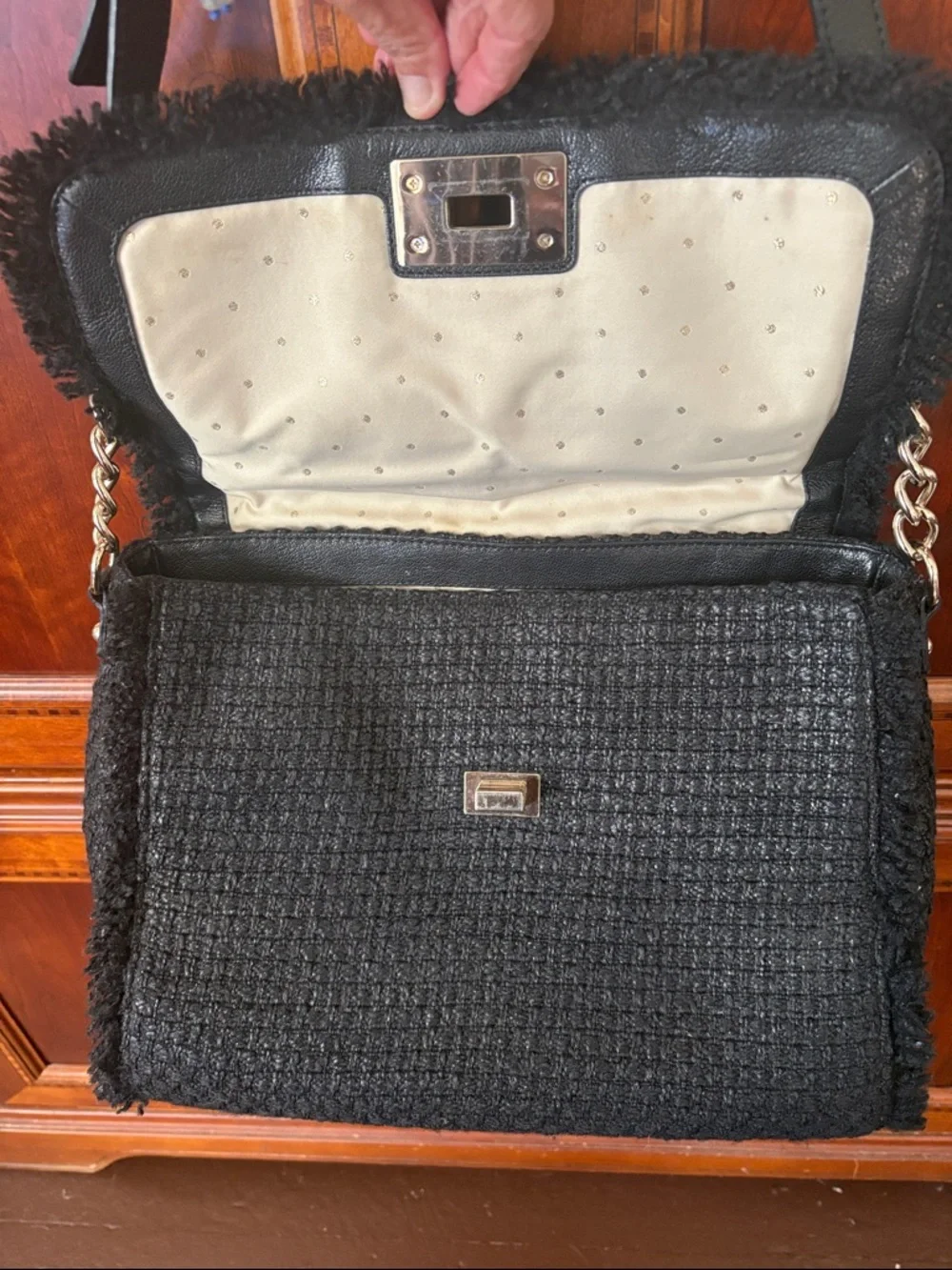 kate spade Black tuxedo hill Nadine Tweed Satchel large with Gold-Tone Turnlock